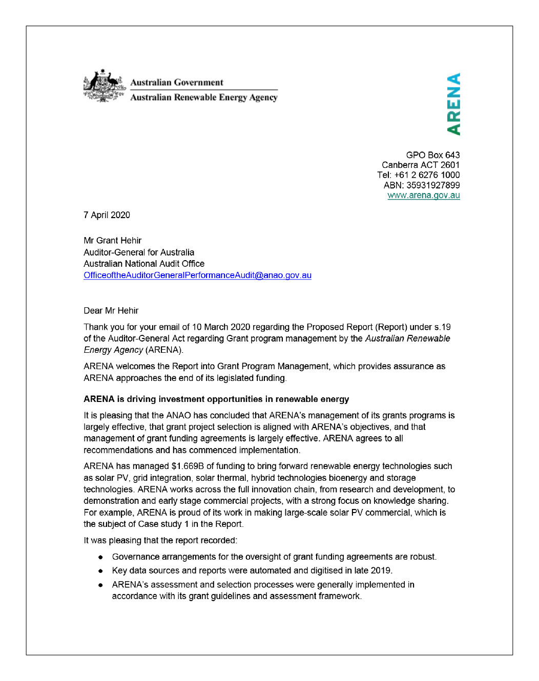 Page one of the response from the Chair of the Australian Renewable Energy Agency. 