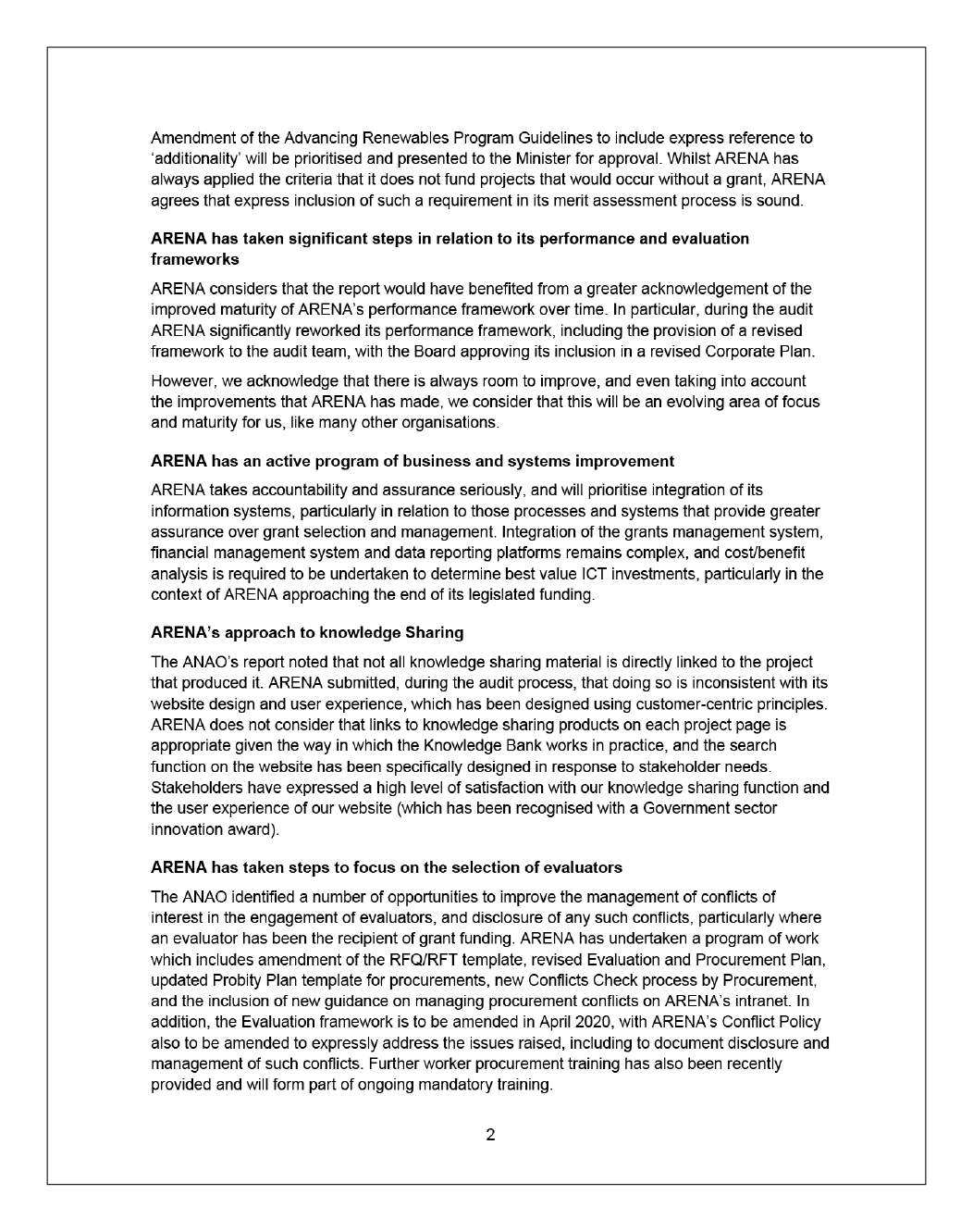 Page two of the response from the Chair of the Australian Renewable Energy Agency.
