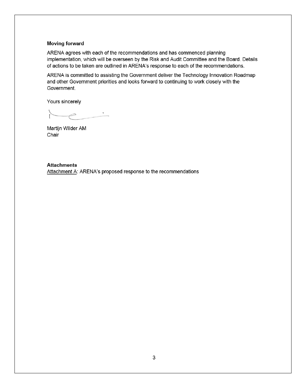 Page three of the response from the Chair of the Australian Renewable Energy Agency. 