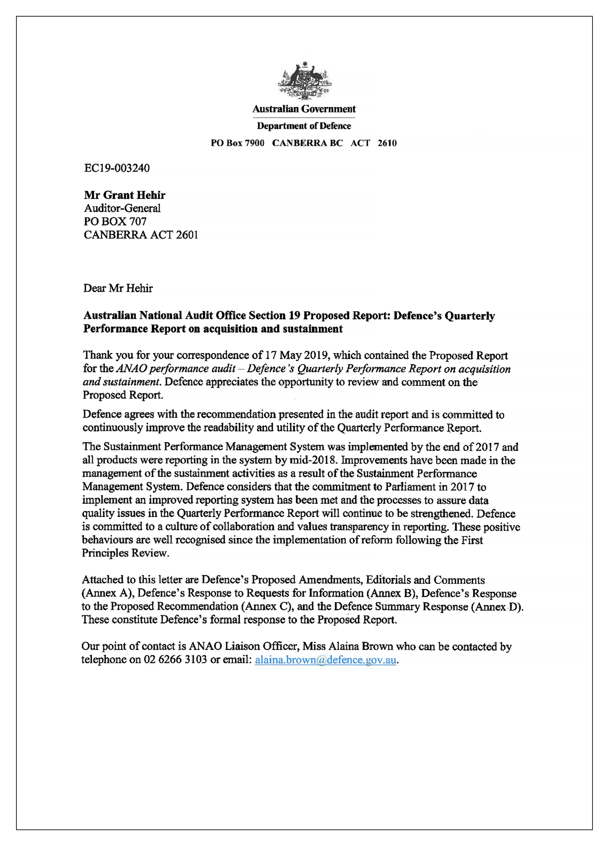 Defence response letter page 1