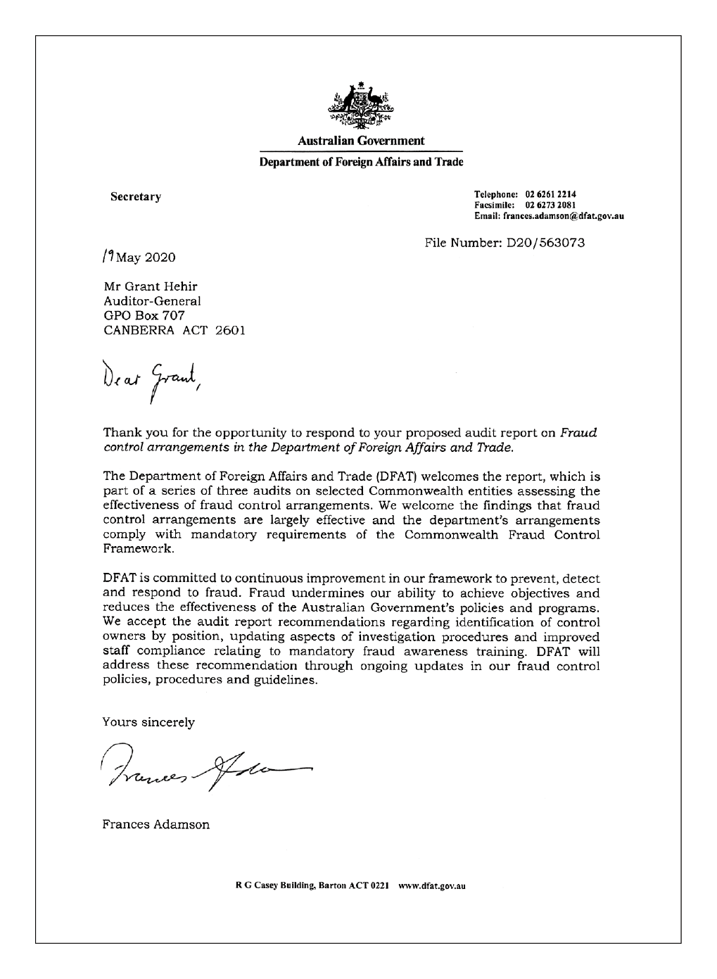 The response from the Secretary of the Department of Foreign Affairs and Trade The response from the Secretary of the Department of Foreign Affairs and Trade