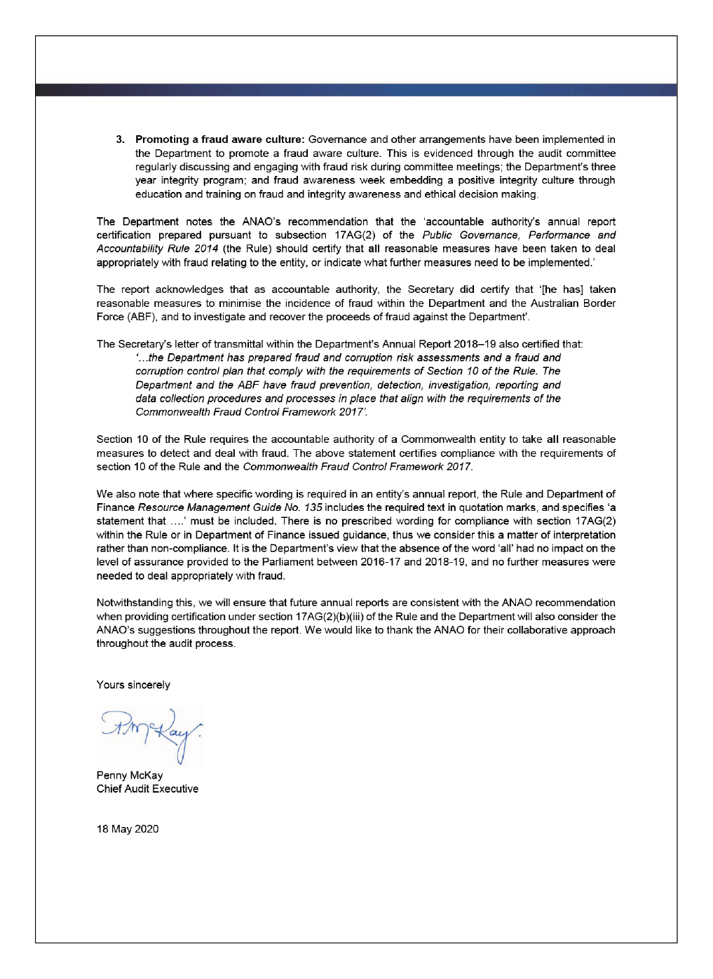 Page 2 of the response from the Chief Audit Executive of the Department of Home Affairs Page 2 of the response from the Chief Audit Executive of the Department of Home Affairs