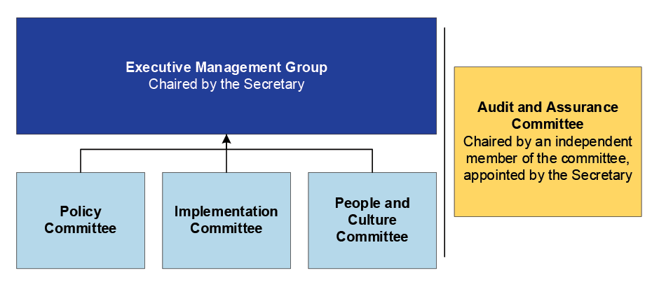 This figure illustrates the department’s governance arrangements. It shows the relationships between the departmental committees.