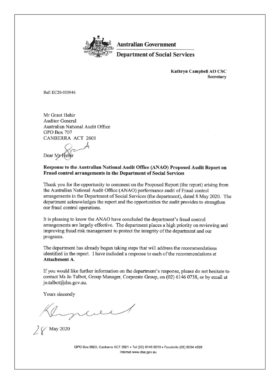 Response from Secretary of the Department of Social Services