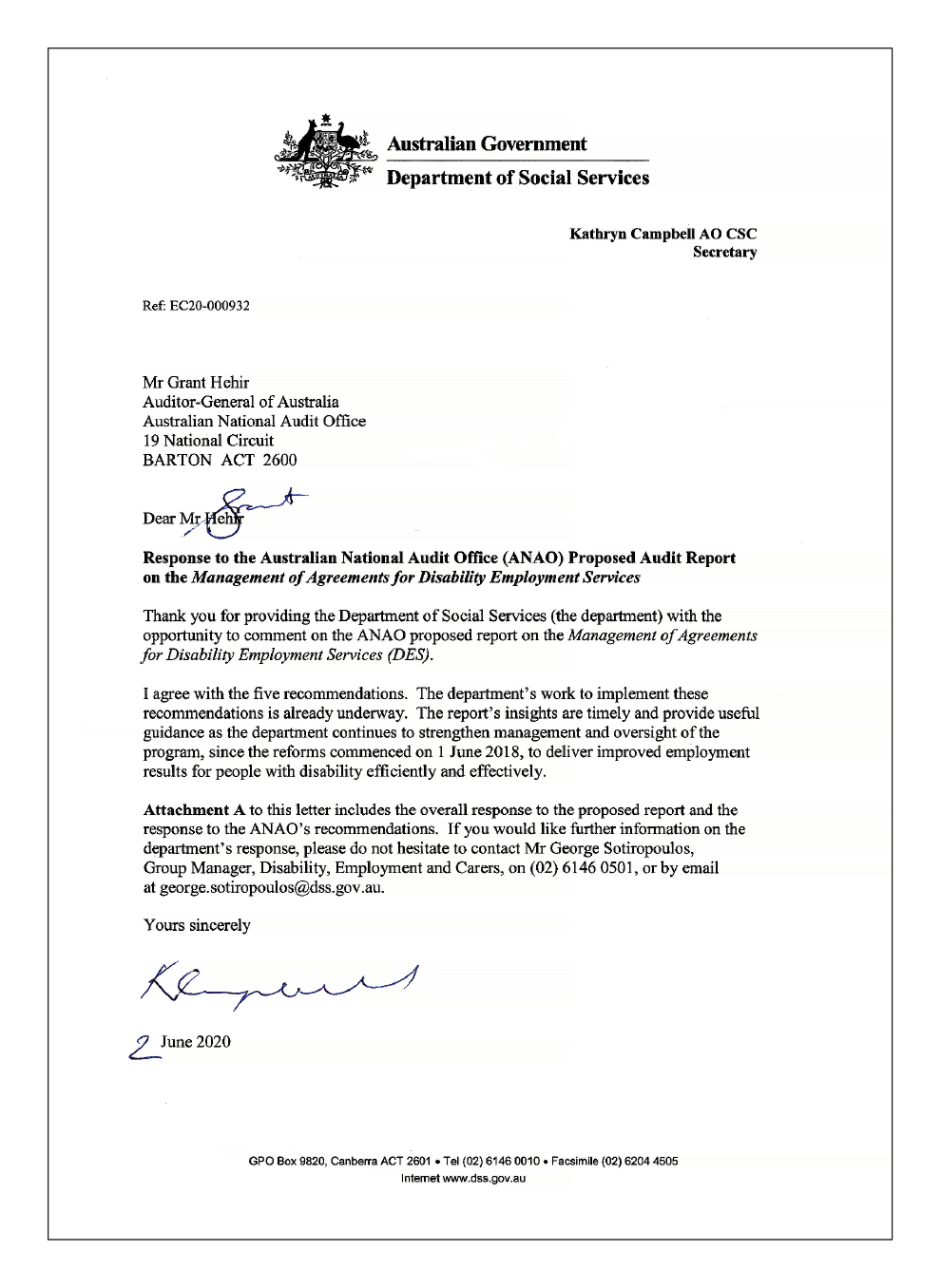 Response from the Secretary of the Department of Social Services