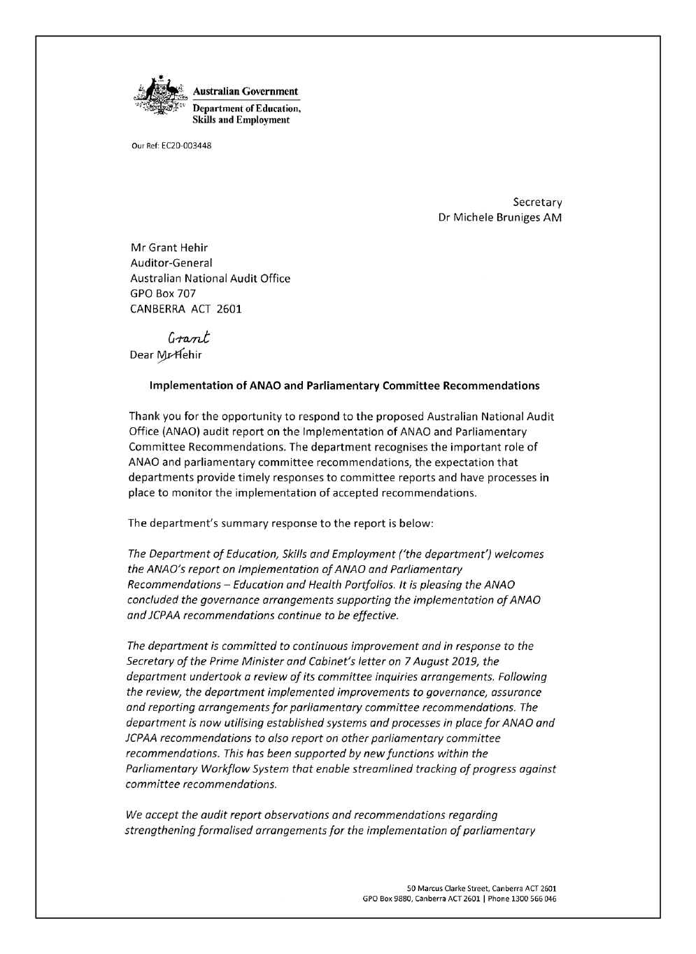 Page 1 of the response from the Secretary of the Department of Education, Skills and Employment Page 1 of the response from the Secretary of the Department of Education, Skills and Employment