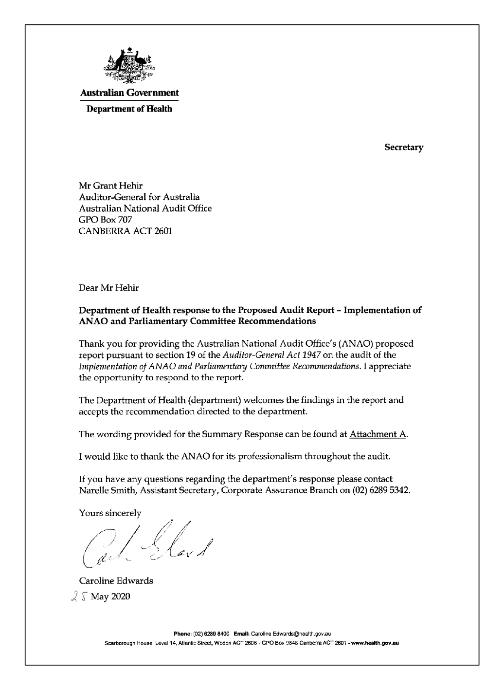 Response from the Secretary of the Department of Health Response from the Secretary of the Department of Health