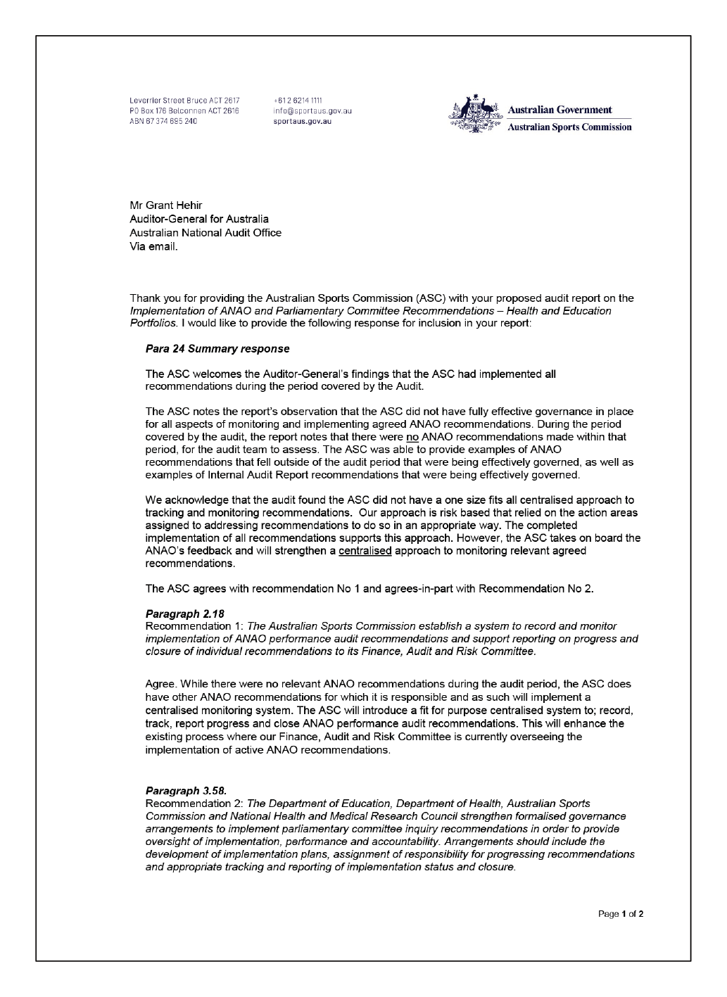 Page 1 of the response from the Acting Chief Executive Officer of the Australian Sports Commission Page 1 of the response from the Acting Chief Executive Officer of the Australian Sports Commission