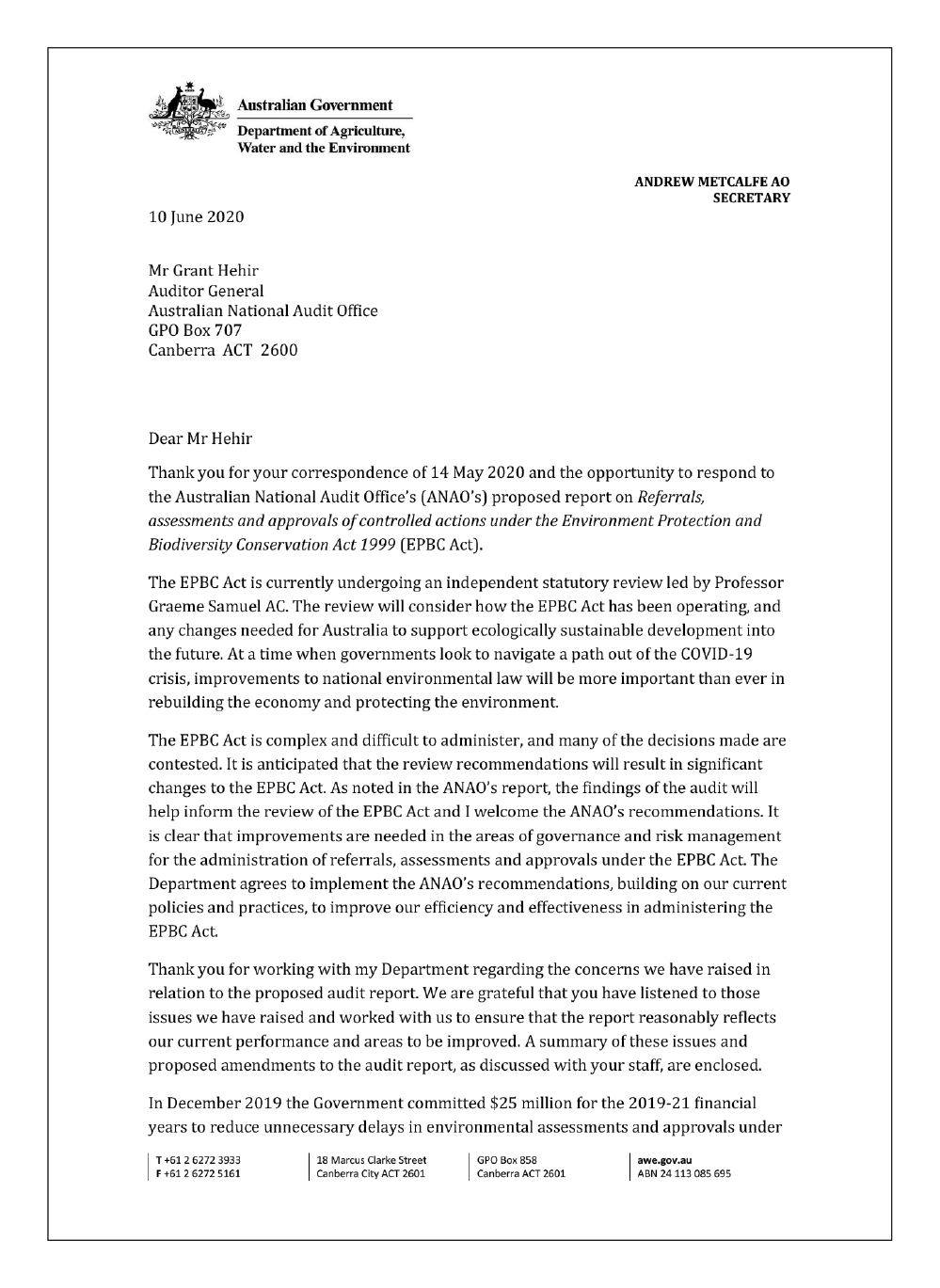 Page 1 of the response from the Secretary of the Department of Agriculture, Water and the Environment