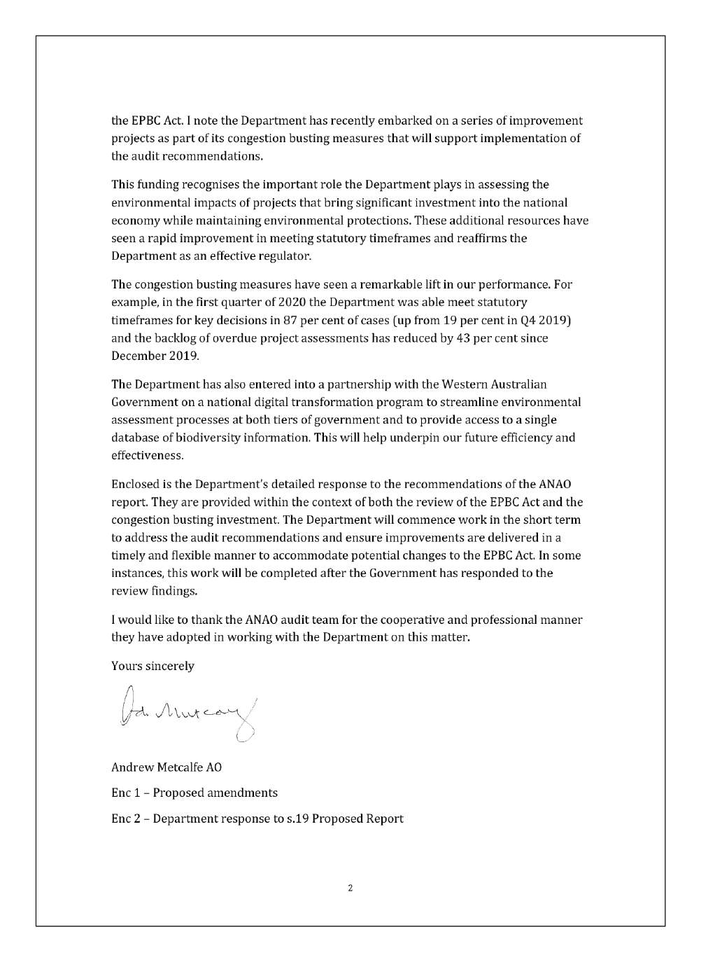 Page 2 of the response from the Secretary of the Department of Agriculture, Water and the Environment