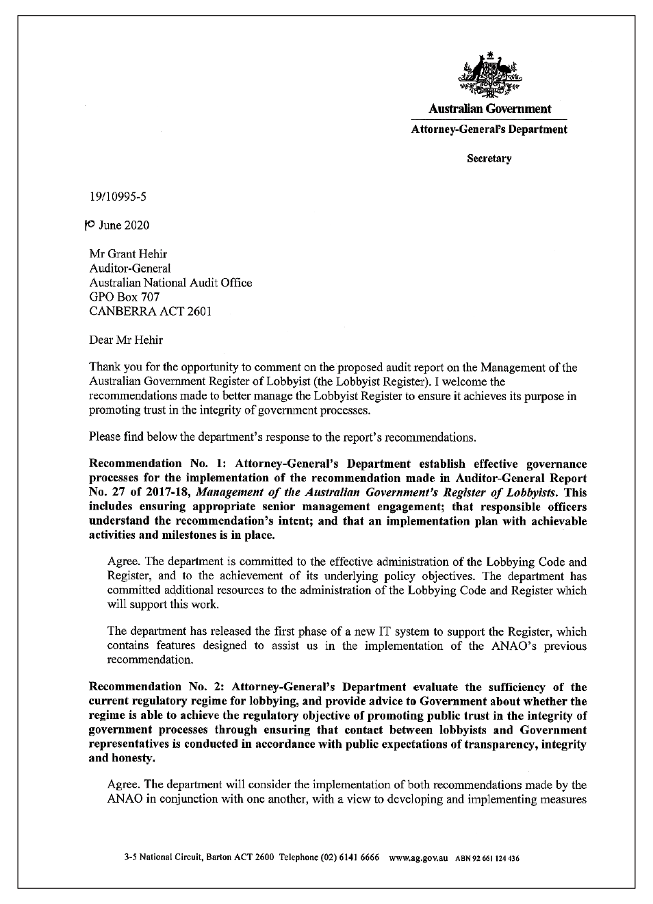 Page 1 of the response from the Attorney-General’s Department