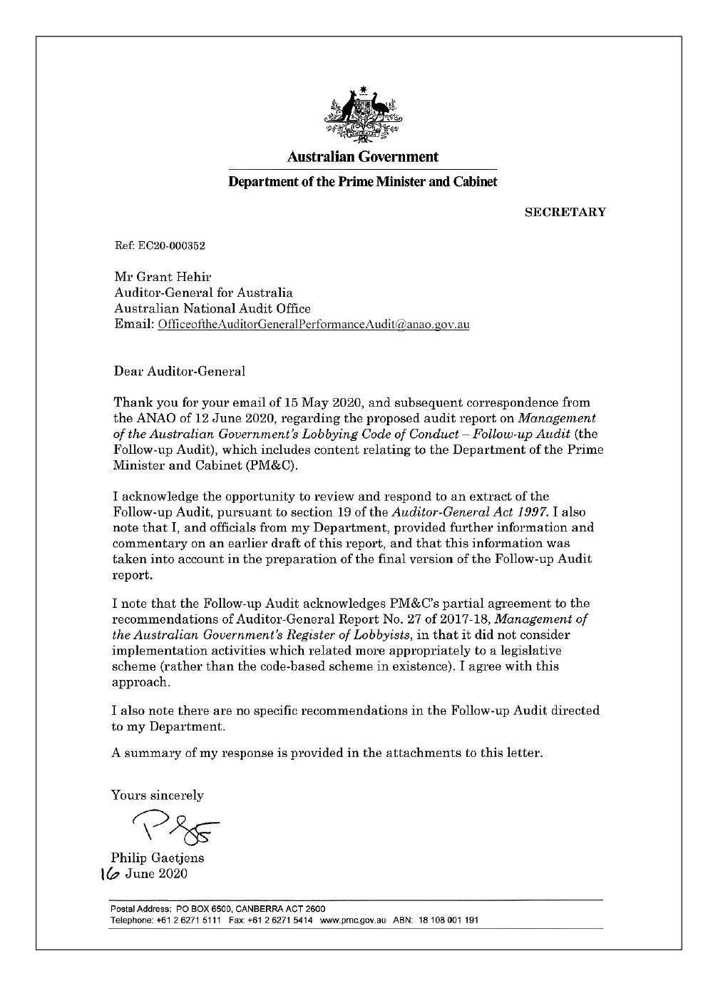 Response from the Department of the Prime Minister and Cabinet Response from the Department of the Prime Minister and Cabinet