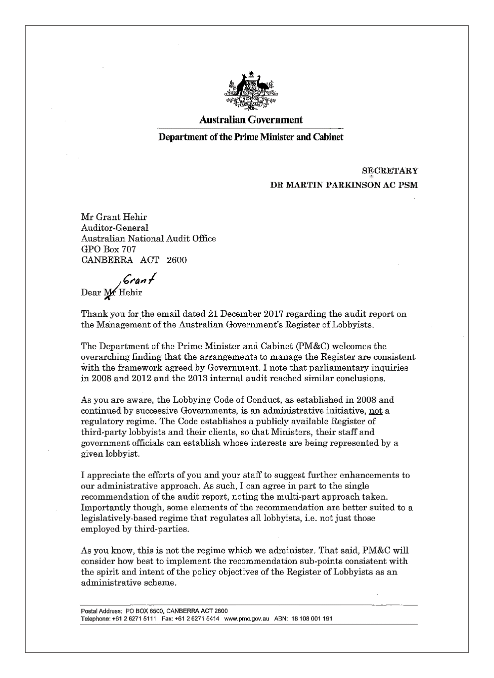 Page 1 of the Department of the Prime Minister and Cabinet’s response to Auditor-General Report No.27 2017–18