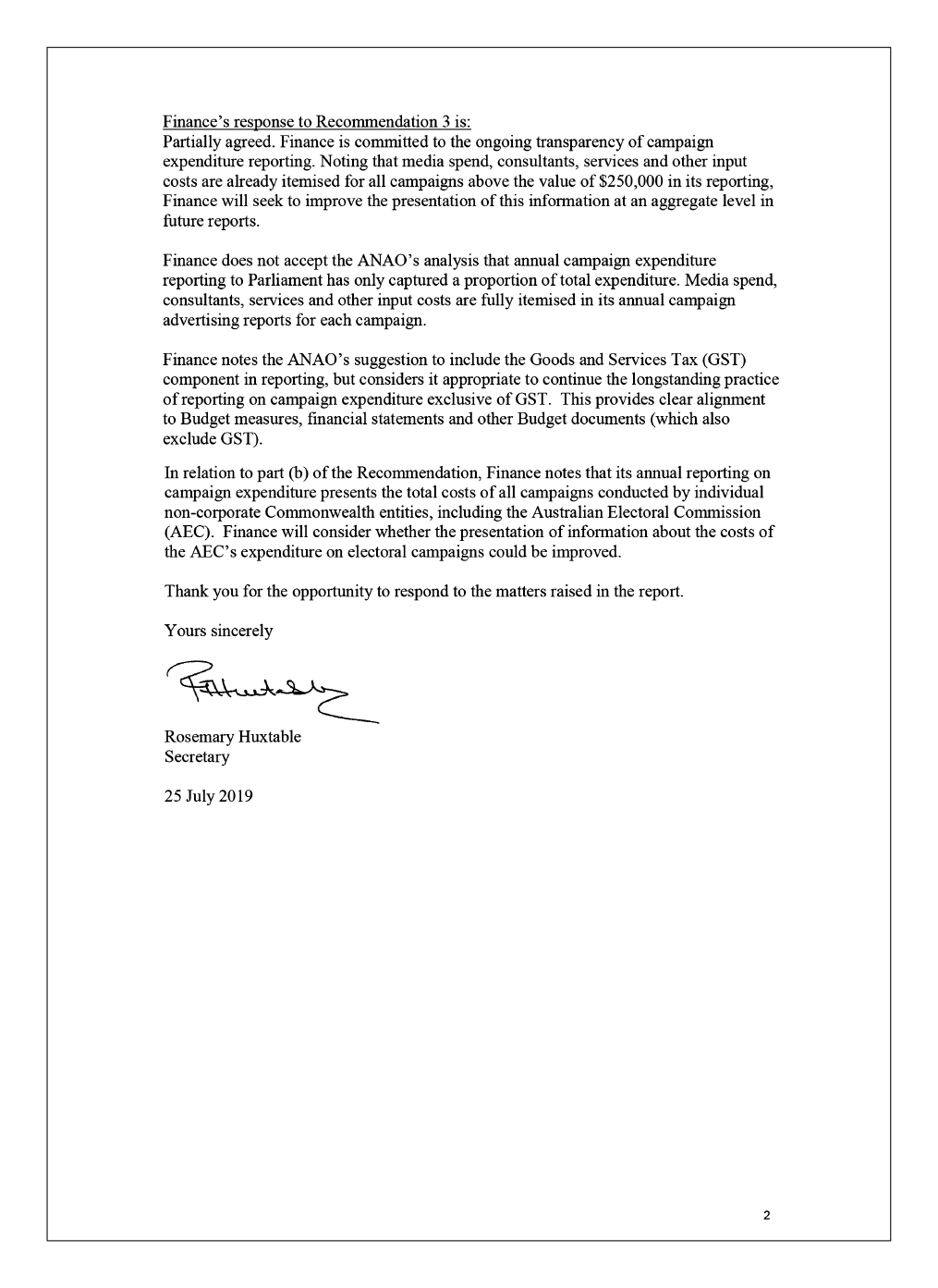 Page 2 of the Department of Finance's response Page 2 of the Department of Finance's response