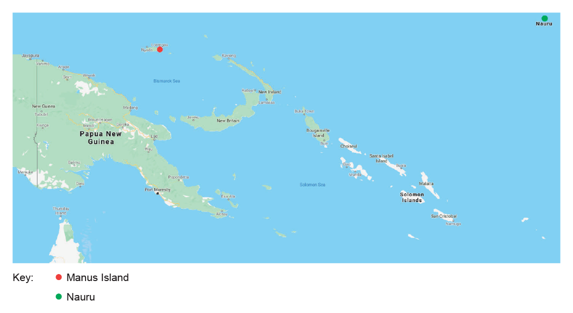 Map of the tip of Australia; Papua New Guinea, including Manus Island; and Nauru. Map of the tip of Australia; Papua New Guinea, including Manus Island; and Nauru.