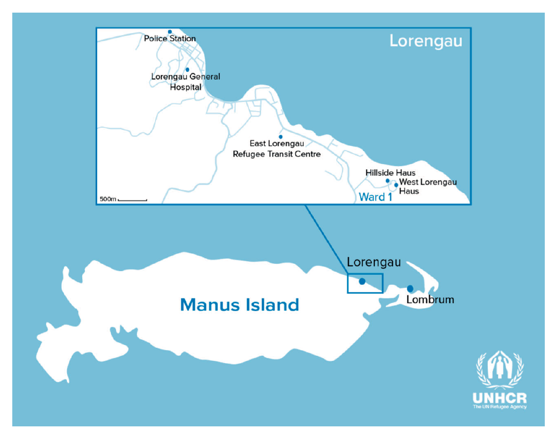 Detailed map of Manus Island, showing Lorengau (inset: ELRTC; Hillside Haus and West Lorengau Haus) and Lombrum Detailed map of Manus Island, showing Lorengau (inset: ELRTC; Hillside Haus and West Lorengau Haus) and Lombrum