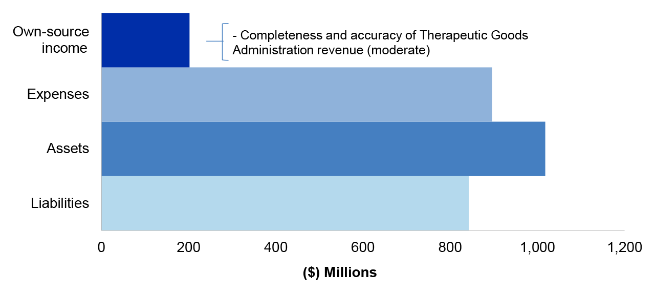 Figure 4.9.1 shows Health’s departmental estimated actuals for the year ended 30 June 2020 as per Health’s 2019–20 revised budget as reported in the 2019–20 Portfolio Additional Estimates Statement, categorised by financial statement classification of, own source income, expenses, assets and liabilities, with the key areas of financial statements risk as per Table 3.13.3.