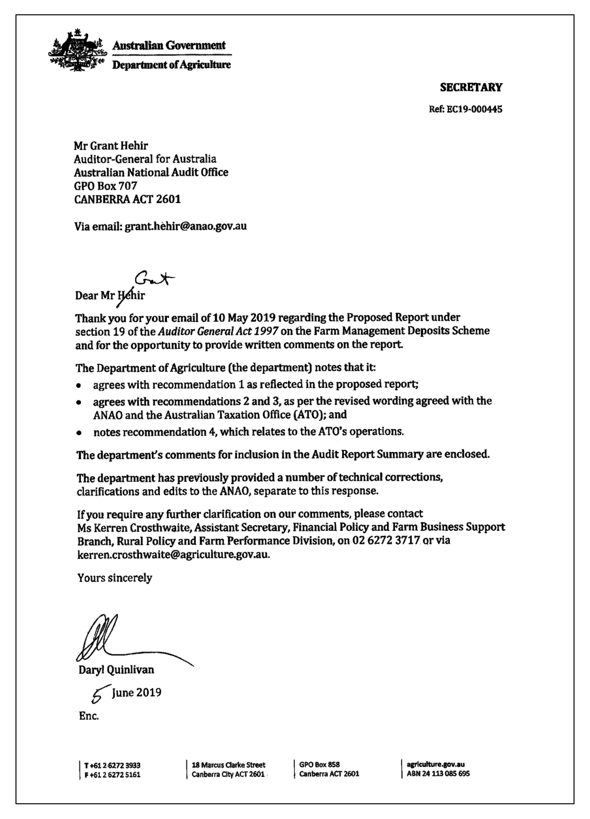 Agriculture response letter page 1