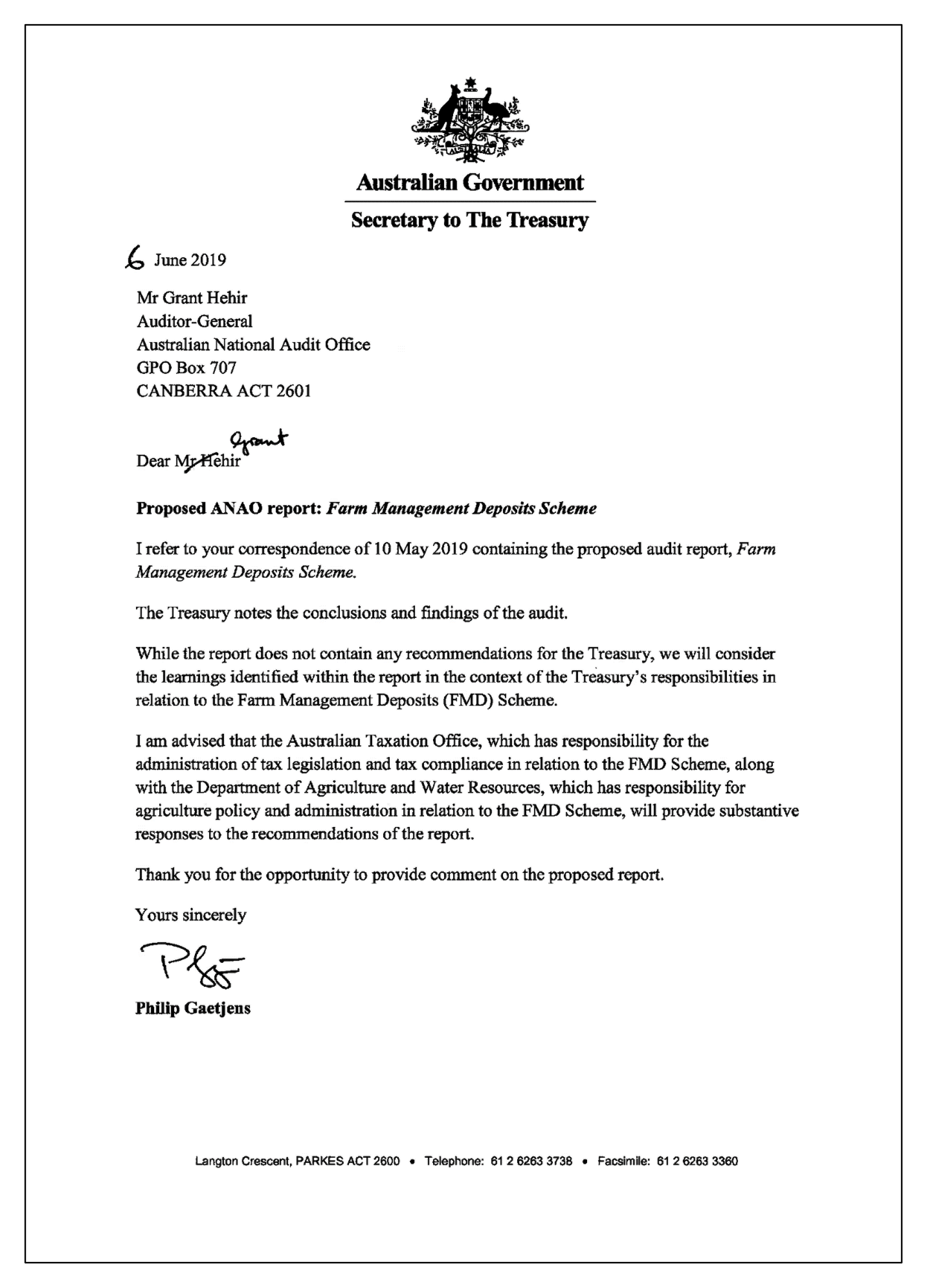 Treasury response letter 