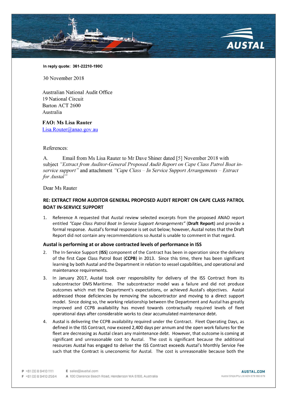 The first page of Austal's response The first page of Austal's response