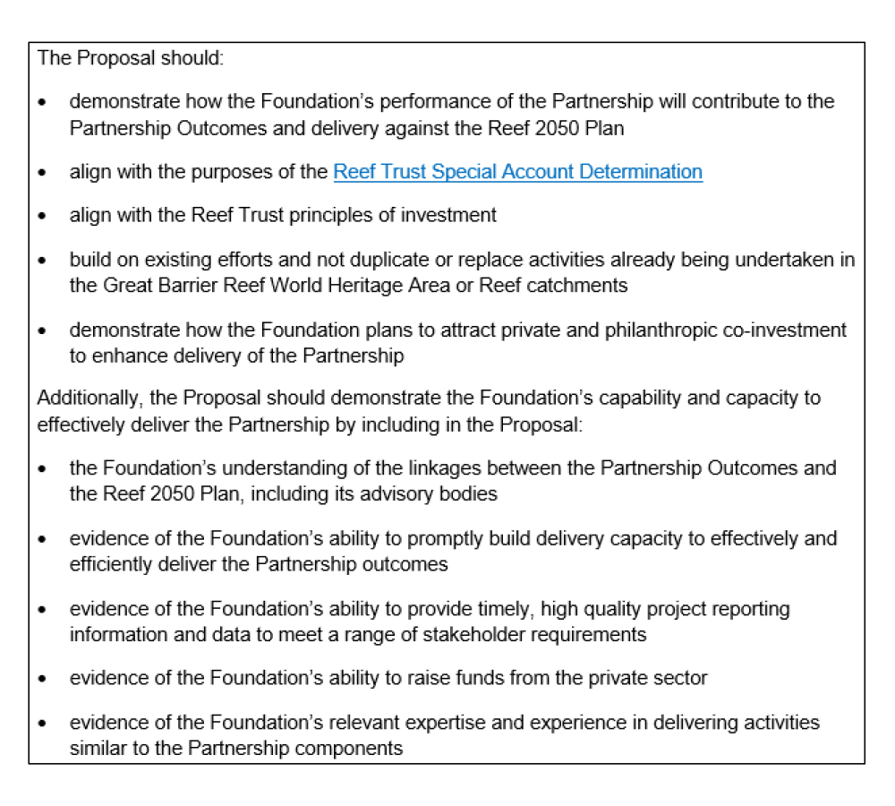 A reproduction from the Reef Trust Partnership program guidelines showing two sets of five dot points which outline what the Foundation should include in their grant funding proposal. 
