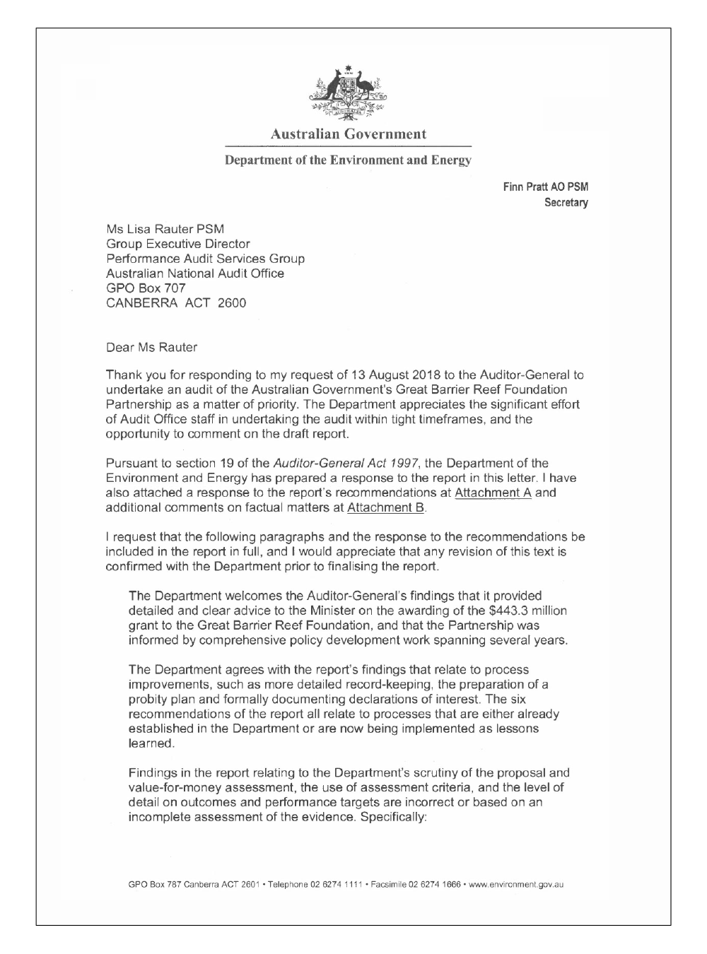 Department of the Environment and Energy entity response page 1