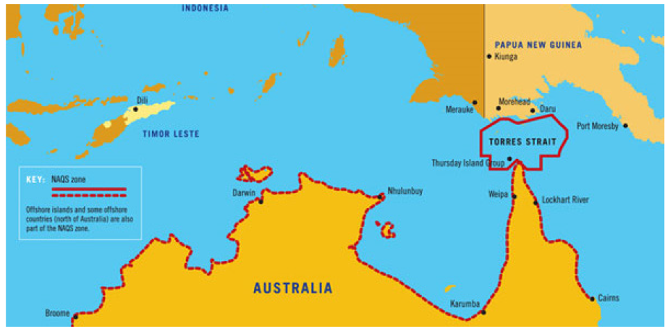 A map that shows the NAQS Zone extending across northern Australia from Broome to Cairns and encompassing the Torres Strait. Papua New Guinea, East Timor and Indonesia can be seen in the north. A map that shows the NAQS Zone extending across northern Australia from Broome to Cairns and encompassing the Torres Strait. Papua New Guinea, East Timor and Indonesia can be seen in the north.