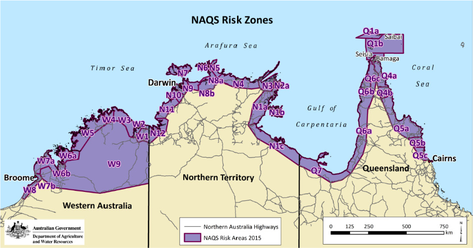 A map that highlights most of the 42 NAQS risk areas extending along the northern coast of Australia from Broome to Cairns. The largest zone is located in Western Australia where it extends further south away from the coast. Not all zones are shown due to the scale of the map. A map that highlights most of the 42 NAQS risk areas extending along the northern coast of Australia from Broome to Cairns. The largest zone is located in Western Australia where it extends further south away from the coast. Not all zones are shown due to the scale of the map.