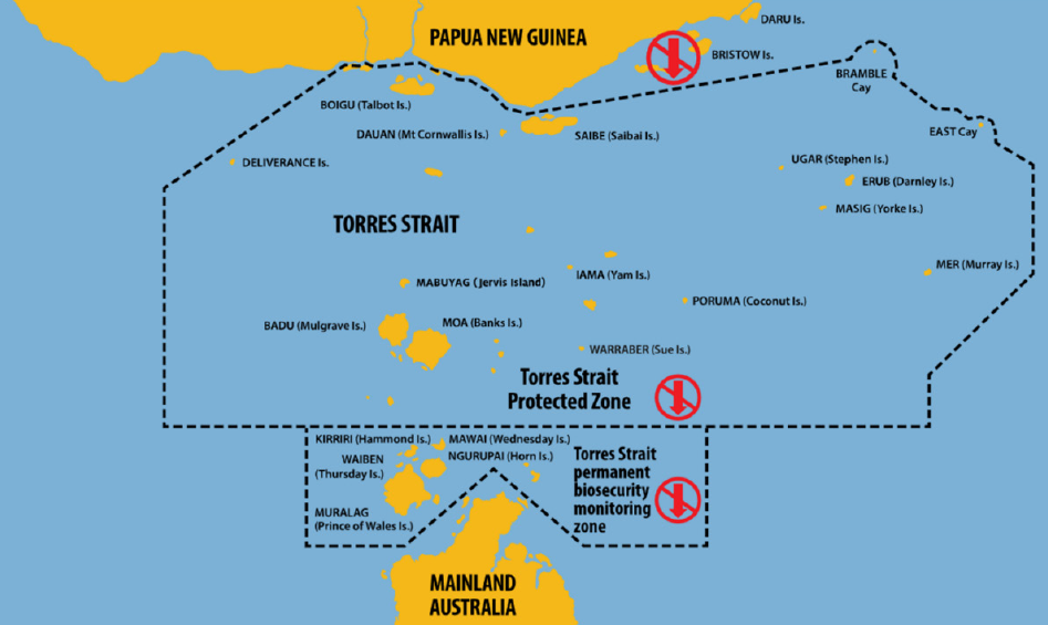 A map of the Torres Strait showing the southern tip of Papua New Guinea in the North and the northern tip of Australia in the South. The map delineates the Torres Strait Protected Zone and the Torres Strait Permanent Biosecurity Monitoring Zone. The Protected Zone sits above the monitoring zone and is several times larger. A map of the Torres Strait showing the southern tip of Papua New Guinea in the North and the northern tip of Australia in the South. The map delineates the Torres Strait Protected Zone and the Torres Strait Permanent Biosecurity Monitoring Zone. The Protected Zone sits above the monitoring zone and is several times larger.