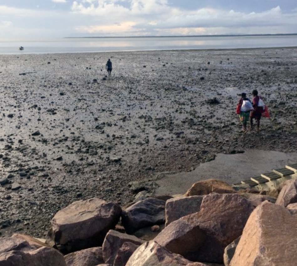 A photo showing three people who have descended a small set of stairs over some rocks and are now walking across mud flats to a boat moored in the distance. An expanse of water and a distant land mass can be seen beyond the boat. A photo showing three people who have descended a small set of stairs over some rocks and are now walking across mud flats to a boat moored in the distance. An expanse of water and a distant land mass can be seen beyond the boat.