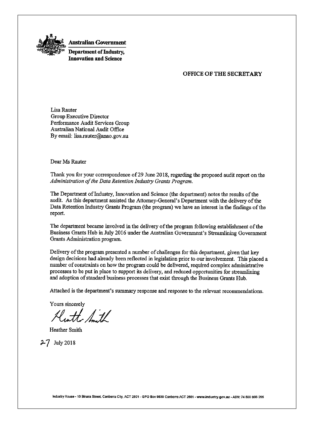 Department of Industry, Innovation and Science response letter Department of Industry, Innovation and Science response letter