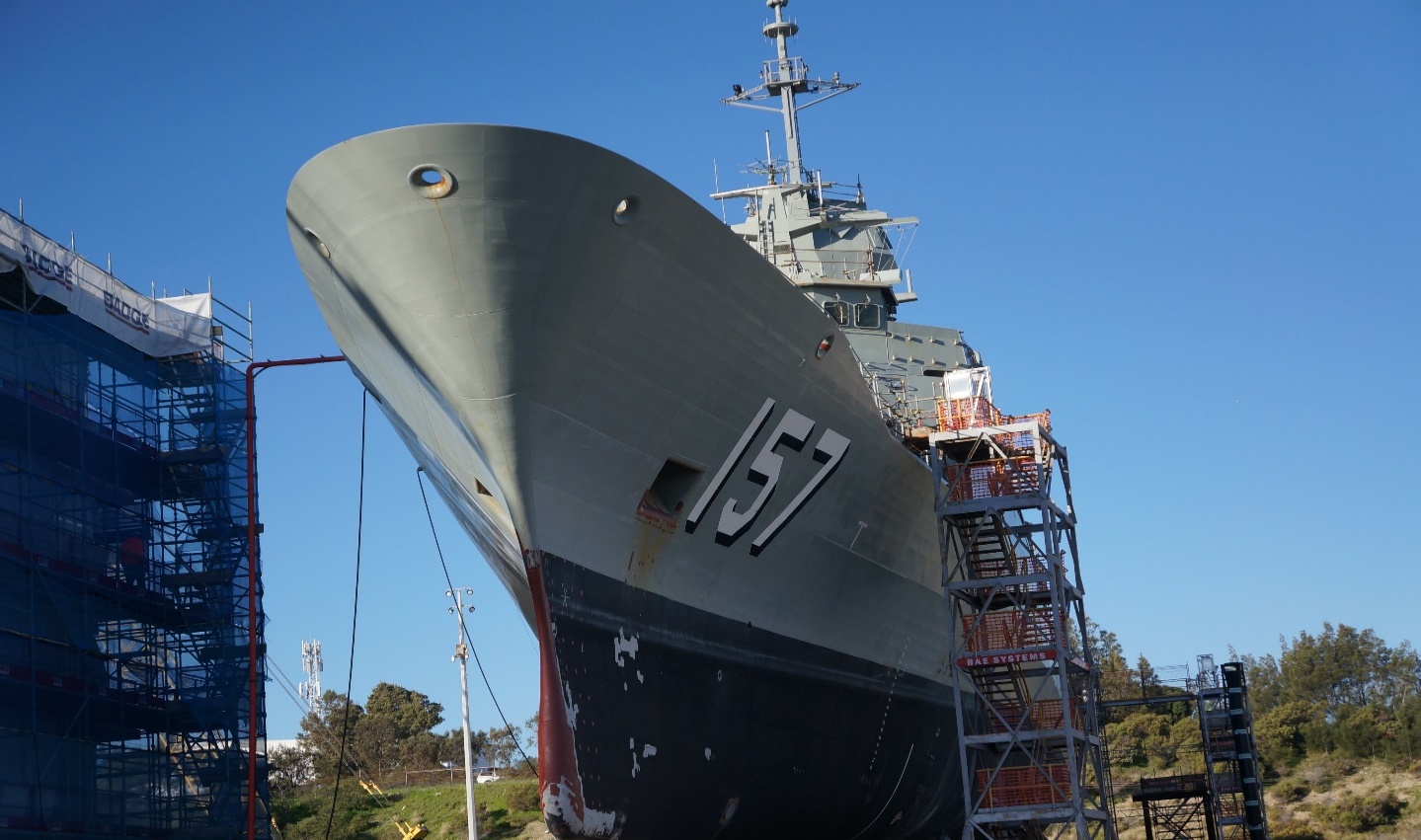 A photograph of the ANZAC class frigate HMAS Perth in lay-up at the Henderson Shipyard.