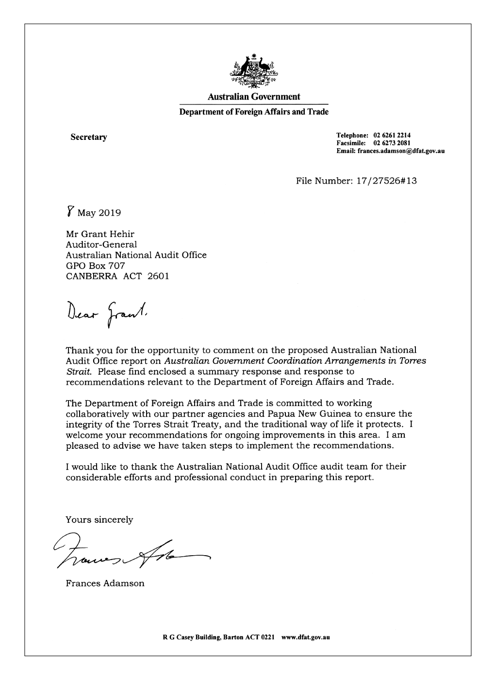 DFAT response letter
