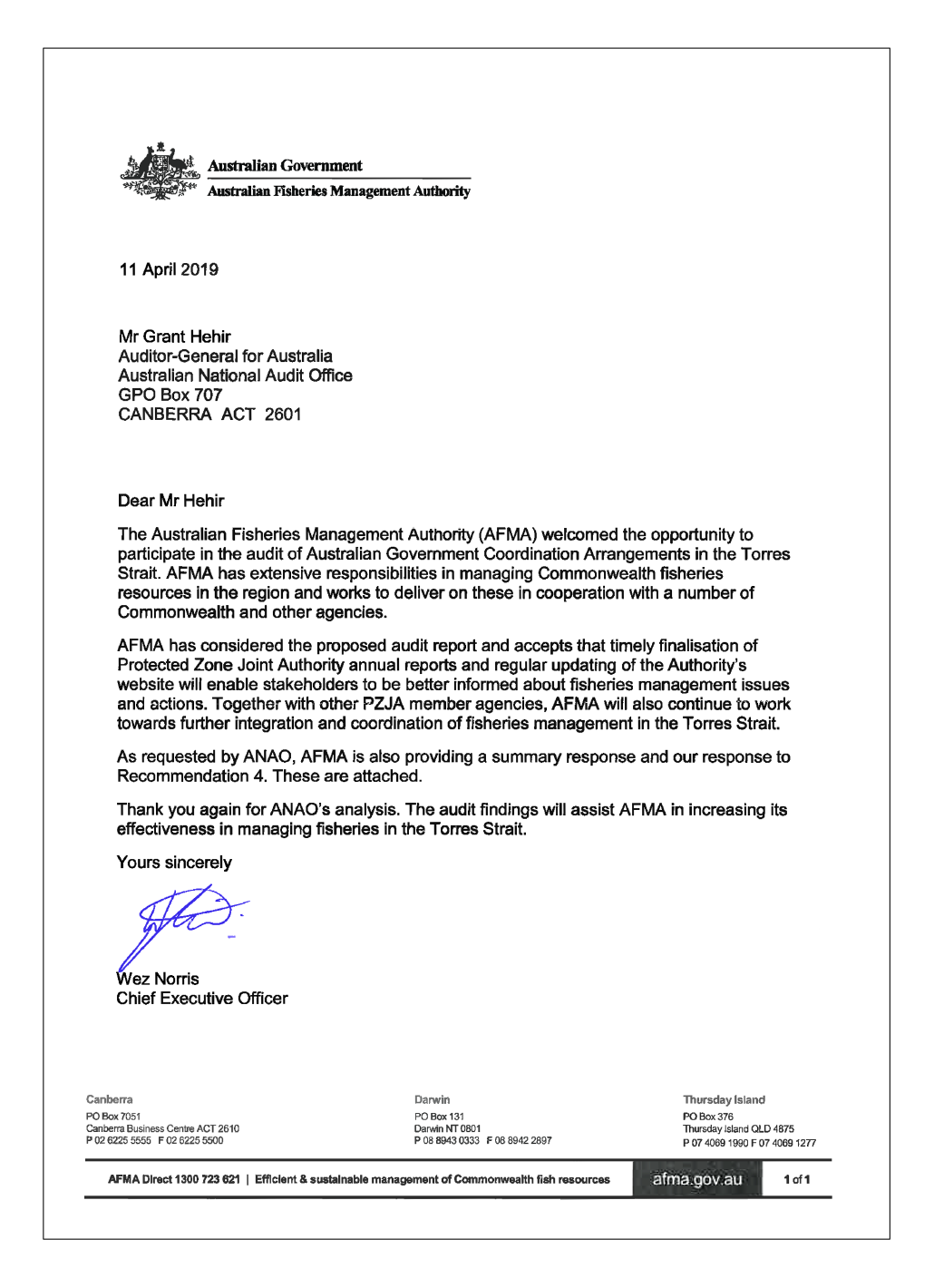 AFMA response letter