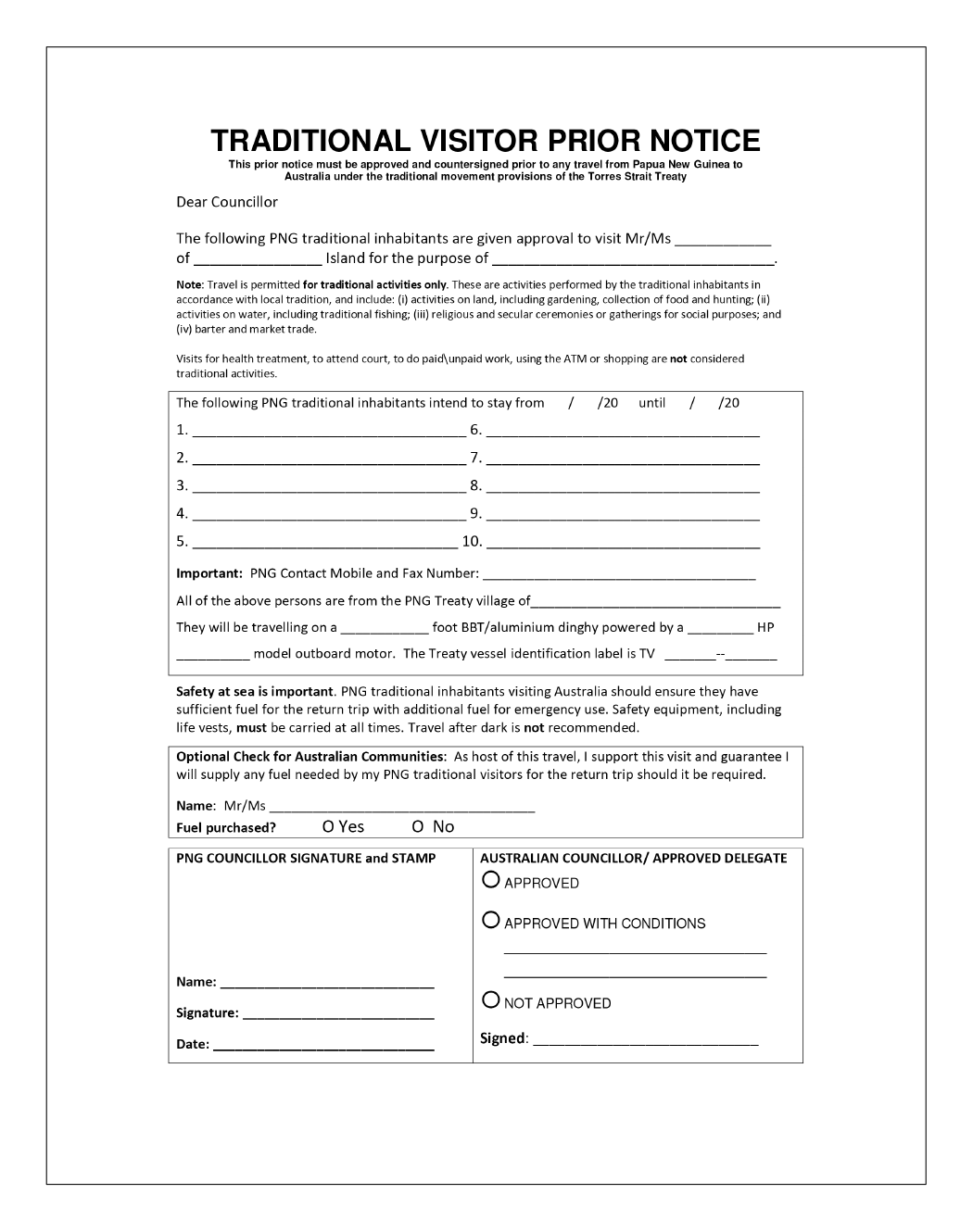 Traditional Visitors Prior Notice