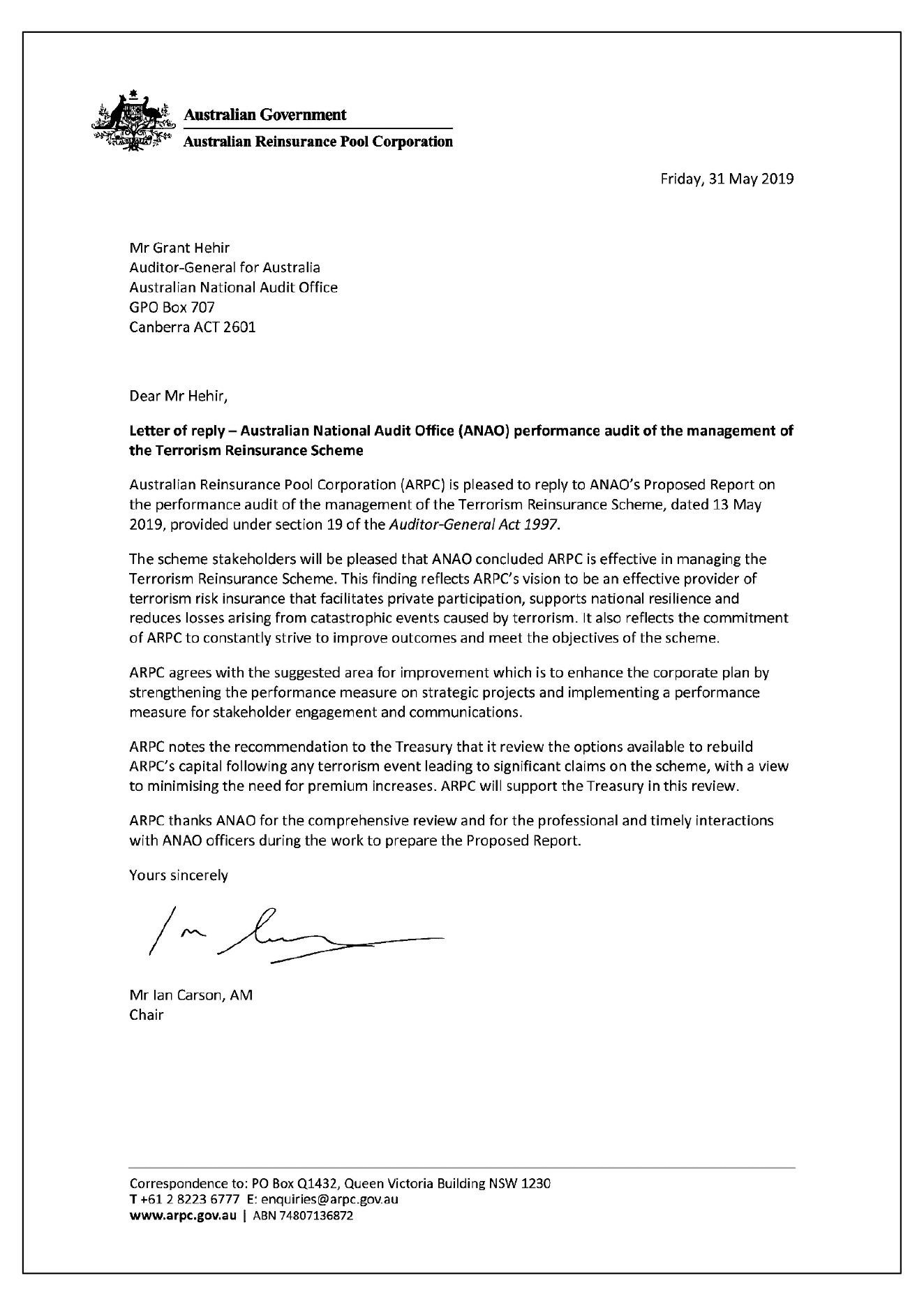 ARPC response letter