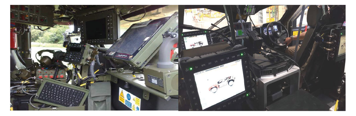 An image of the cabin of an Army vehicle fitted with current equipment (left), and a Hawkei cabin fitted with the Integral Computing System (right).