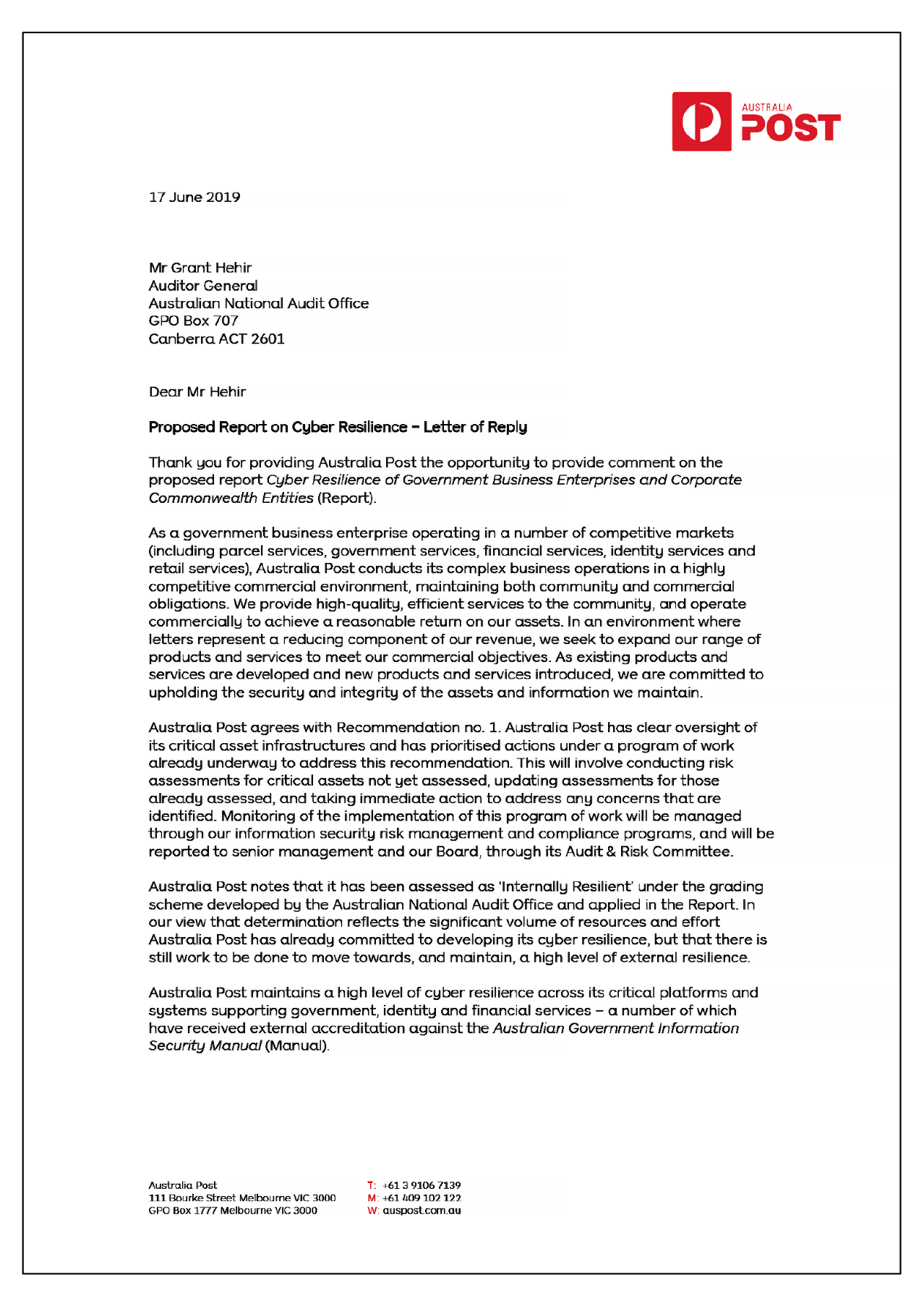 Australia Post response letter page 1 Australia Post response letter page 1
