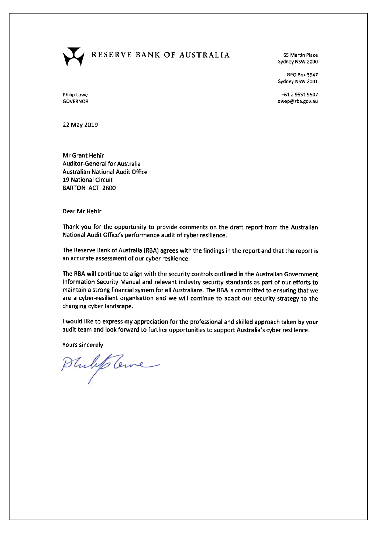 RBA response letter RBA response letter