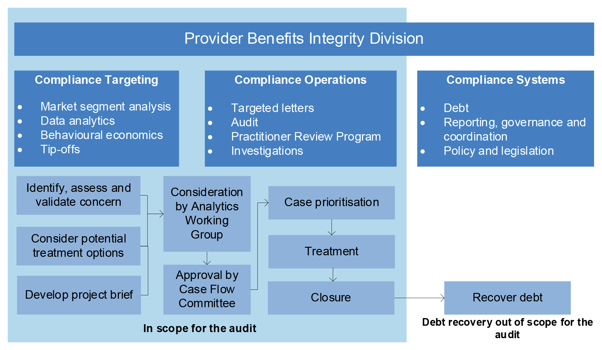 This figure shows the functional organisation of the components of the Provider Benefits Integrity Division.