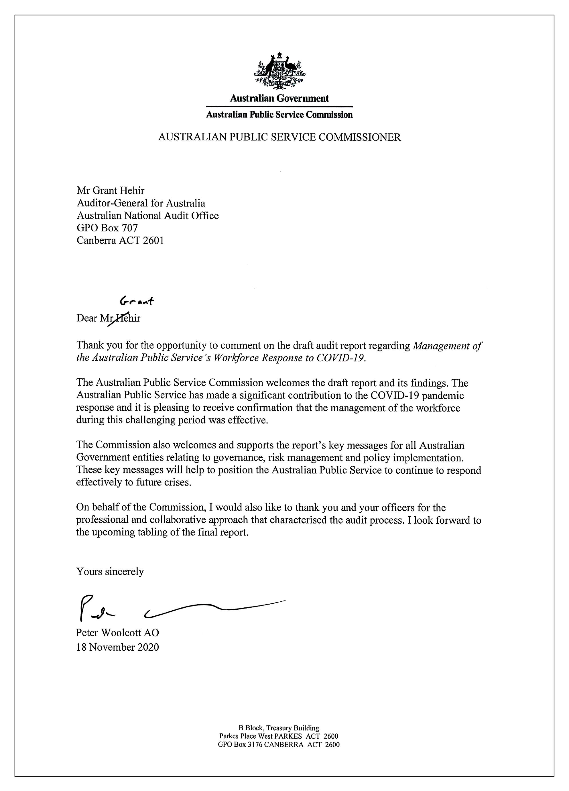 Response from the Australian Public Servicer Commissioner. A summary of the response is contained in the summary chapter. 