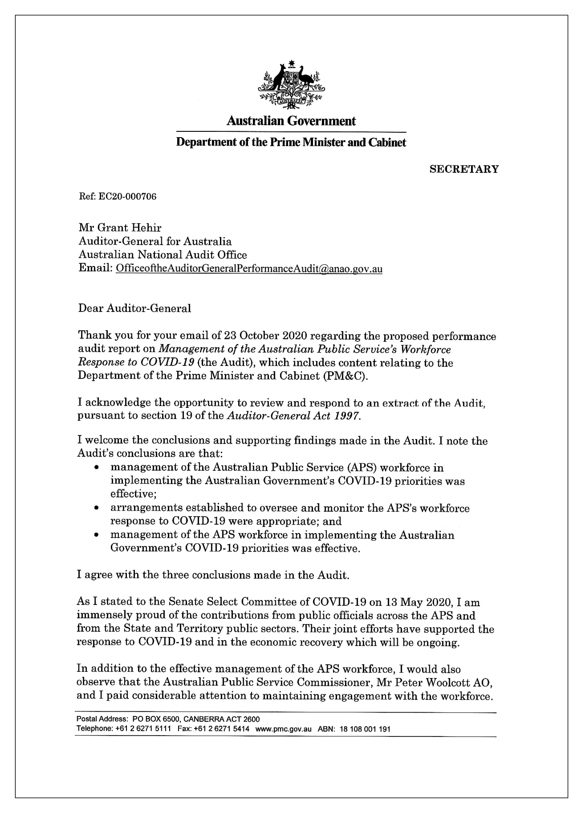 The first page of the response from the Department of Prime Minister and Cabinet. A summary of the response is contained in the summary chapter.