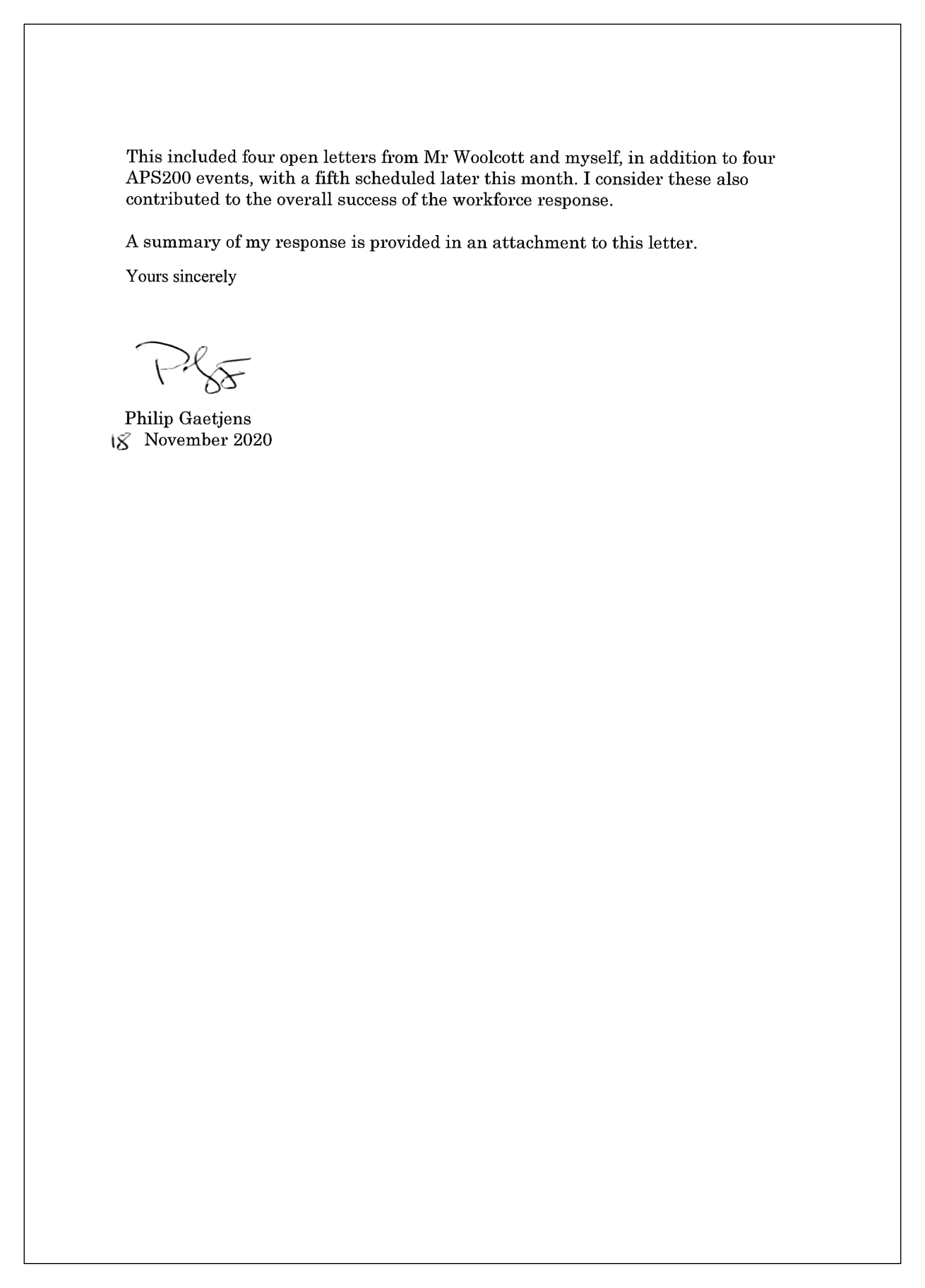 The second page of the response from the Department of Prime Minister and Cabinet. A summary of the response is contained in the summary chapter.