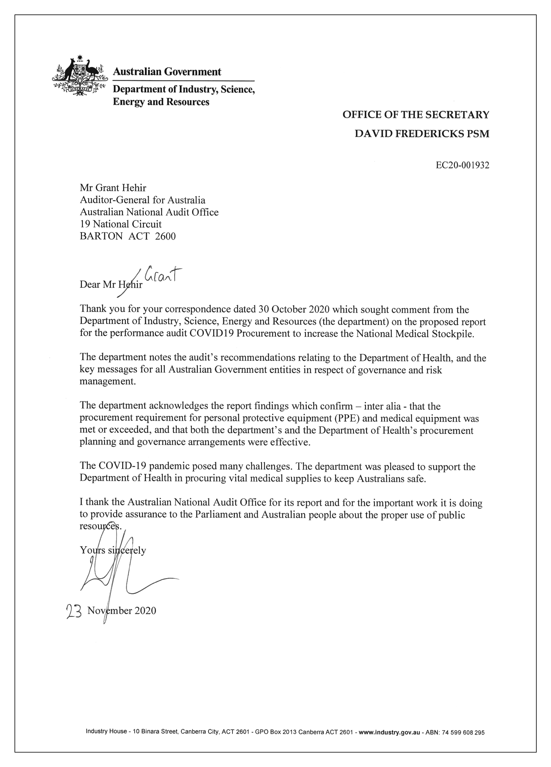 Response from the Secretary of the Australian Government Department of Industry, Science, Energy and Resources. A summary of the response is contained in the summary and recommendations chapter of this report. Response from the Secretary of the Australian Government Department of Industry, Science, Energy and Resources. A summary of the response is contained in the summary and recommendations chapter of this report.