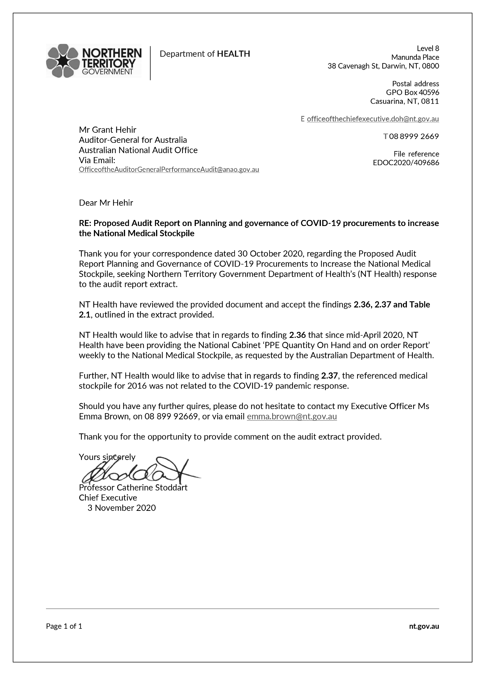 Response from the Chief Executive of the NT Department of Health. Response from the Chief Executive of the NT Department of Health.