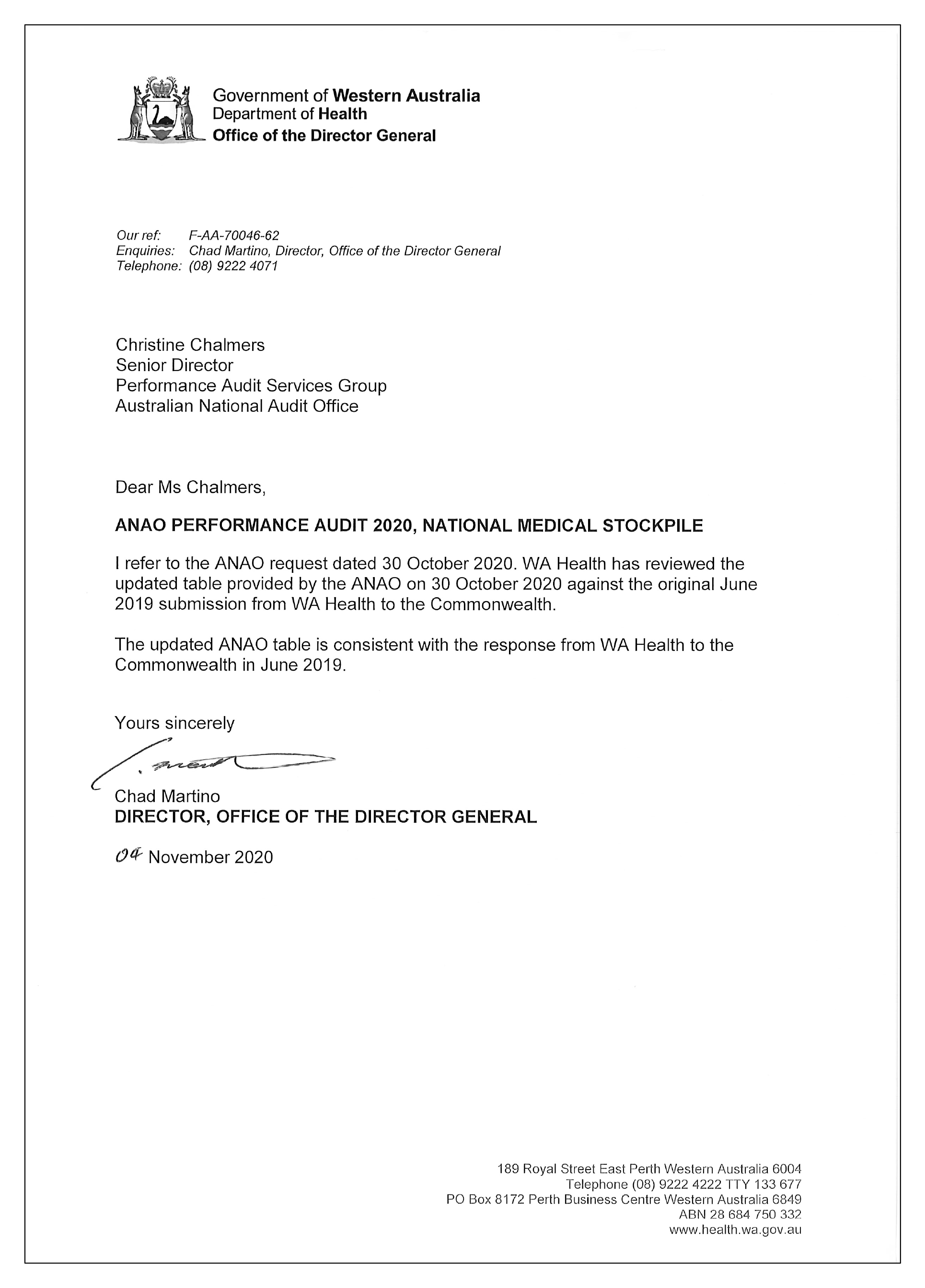 Response from the Western Australia Department of Health. Response from the Western Australia Department of Health.