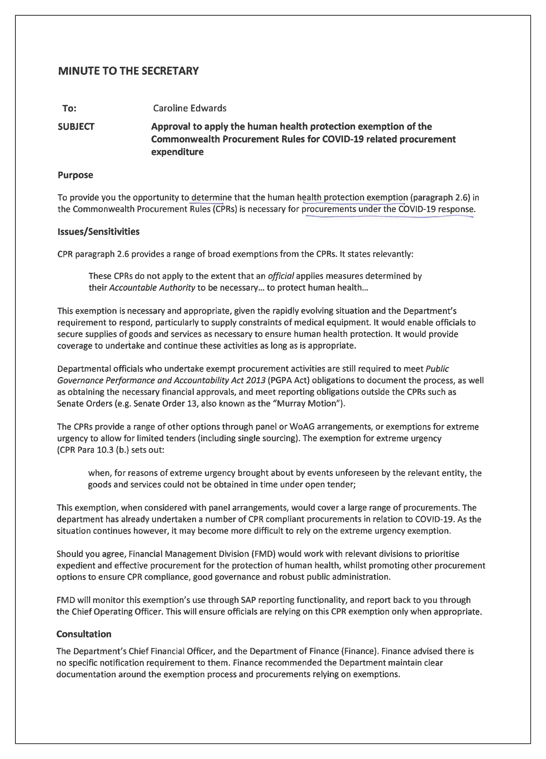 This is page one of the minute signed by Caroline Edwards, Secretary of the Department of Health, invoking paragraph 2.6 of the CPRs. This is page one of the minute signed by Caroline Edwards, Secretary of the Department of Health, invoking paragraph 2.6 of the CPRs.