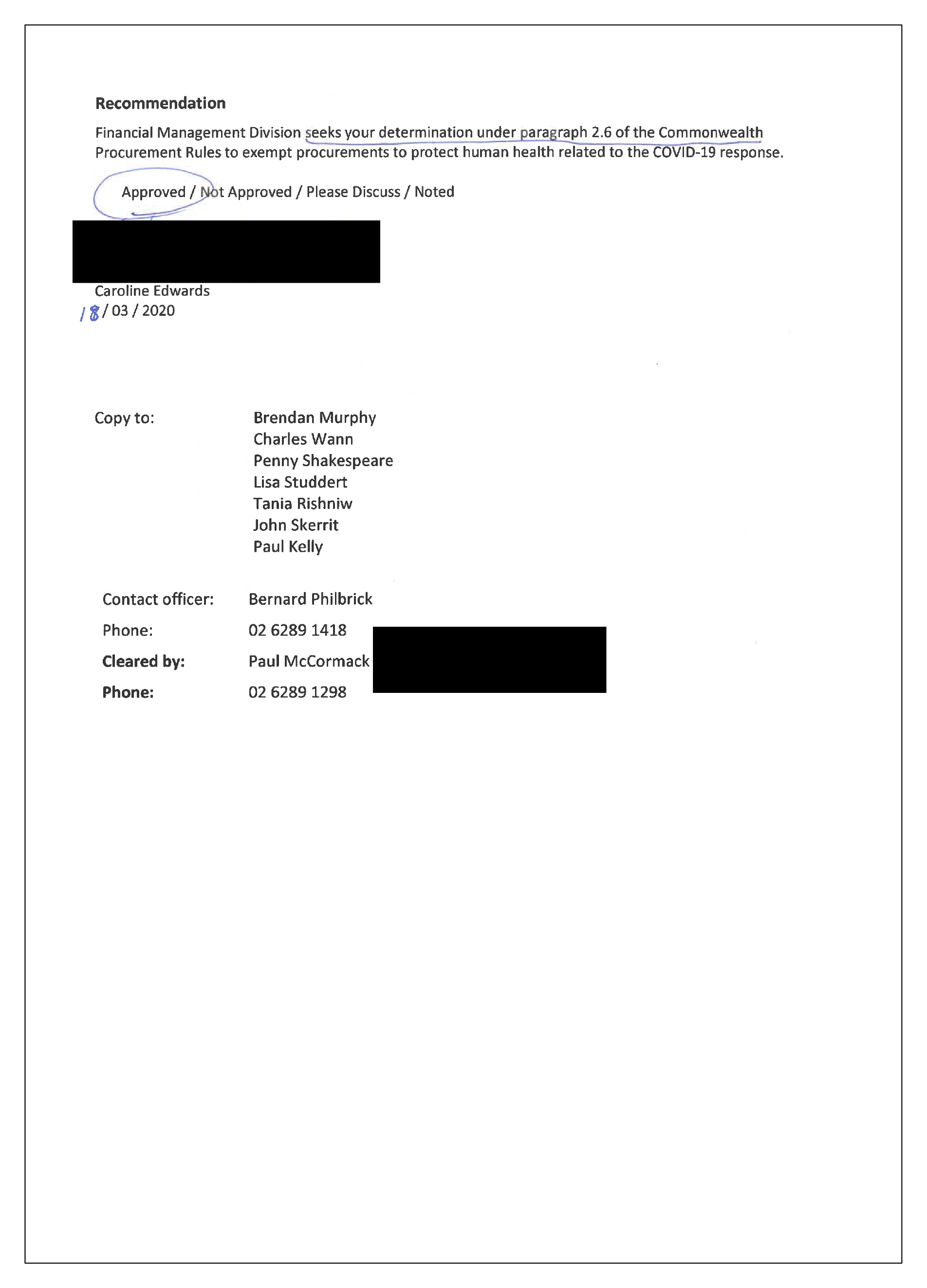 This is page two of the minute signed by Caroline Edwards, Secretary of the Department of Health, invoking paragraph 2.6 of the CPRs. This is page two of the minute signed by Caroline Edwards, Secretary of the Department of Health, invoking paragraph 2.6 of the CPRs.