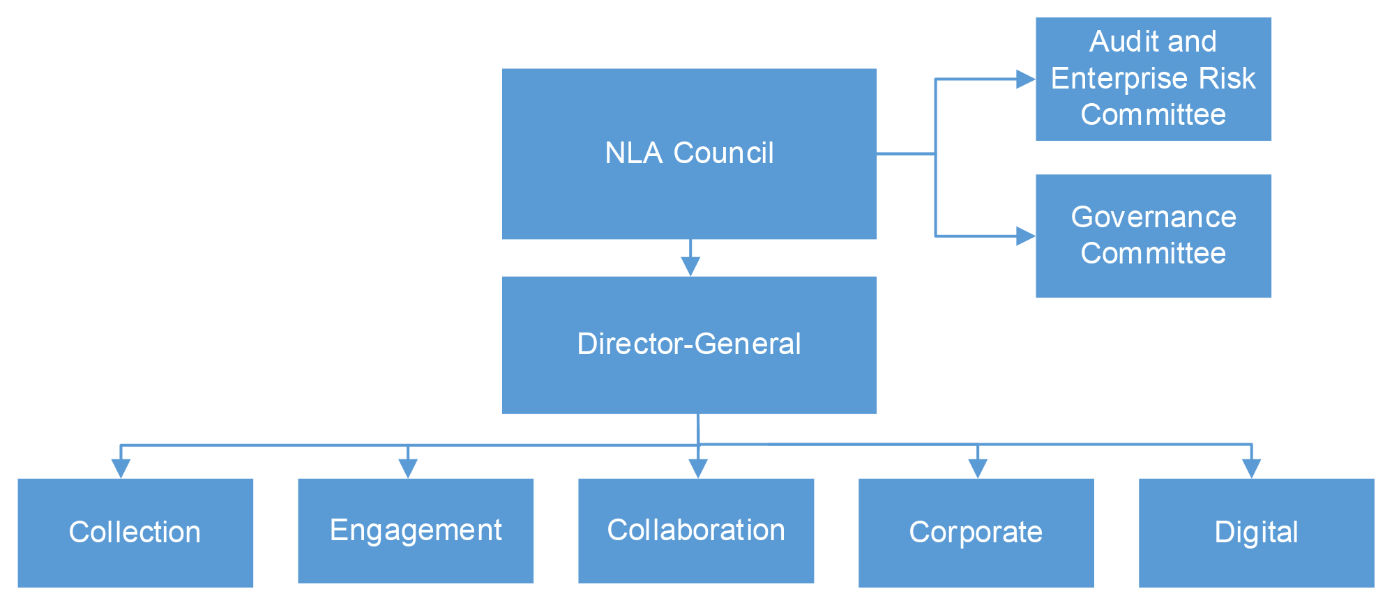 A graphic depicting the Library’s governance structure as at November 2020 with five business areas, which are Collection, Engagement, Collaboration, Corporate, and Digital, reporting to the Director-General who reports to the Council. The Council has two committees: the Audit and Enterprise Risk Committee and the Governance Committee. 