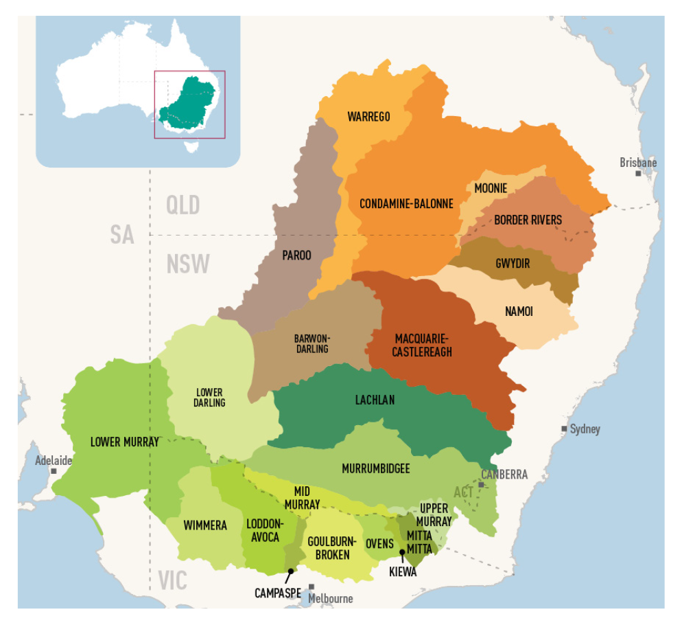 A map of Australia which outlines the Murray-Darling Basin catchment areas, spread across Queensland, New South Wales, the ACT, Victoria and South Australia.
